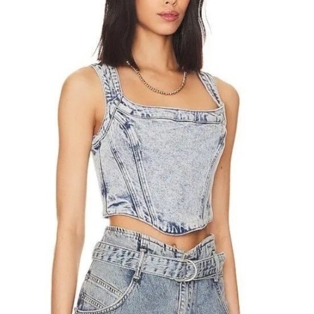 NWT AllSaints Charli Corset Top Mid Indigo Blue Acid Wash Denim Y2K Size 0